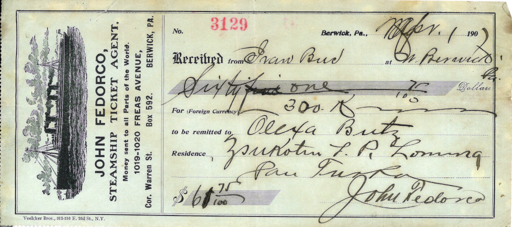 John Fedorco,Steamship Ticket Agent, Berwick PA,1907.Ivan Budz to Alex Butz, Zhukotin, Lviv Region, Turka District